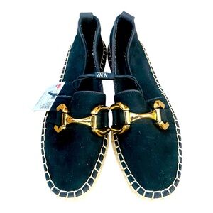 New! Zara Black Espadrilles with Gold Horse-bit Flat Shoes 6